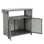 Chariot de bar d'extérieur en osier, chariot de service à vin de terrasse à roulettes, comptoir de bar à boissons en rotin roulant avec plateau en verre