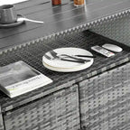 Chariot de bar d'extérieur en osier, chariot de service à vin de terrasse à roulettes, comptoir de bar à boissons en rotin roulant avec plateau en verre