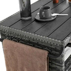 Chariot de bar d'extérieur en osier, chariot de service à vin de terrasse à roulettes, comptoir de bar à boissons en rotin roulant avec plateau en verre