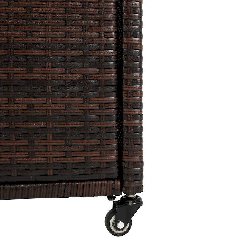 Chariot de bar d'extérieur en osier, chariot de service à vin de terrasse à roulettes, comptoir de bar à boissons en rotin roulant avec plateau en verre