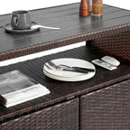 Chariot de bar d'extérieur en osier, chariot de service à vin de terrasse à roulettes, comptoir de bar à boissons en rotin roulant avec plateau en verre