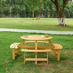 Table de pique-nique ronde d'extérieur pour 8 personnes avec 4 bancs intégrés et trou pour parasol.
