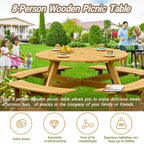 Table de pique-nique ronde d'extérieur pour 8 personnes avec 4 bancs intégrés et trou pour parasol.