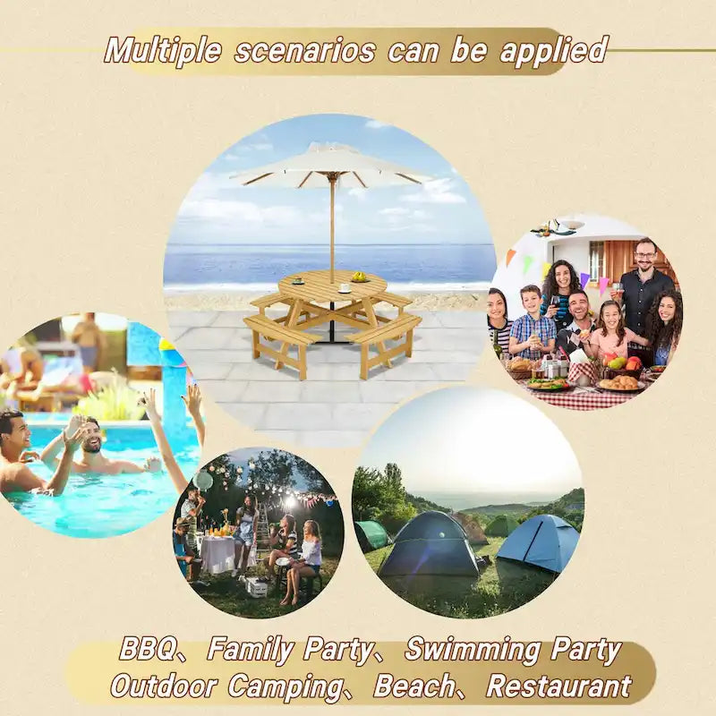 Table de pique-nique ronde d'extérieur pour 8 personnes avec 4 bancs intégrés et trou pour parasol.