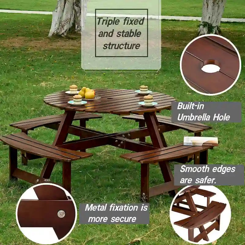Table de pique-nique ronde d'extérieur pour 8 personnes avec 4 bancs intégrés et trou pour parasol.