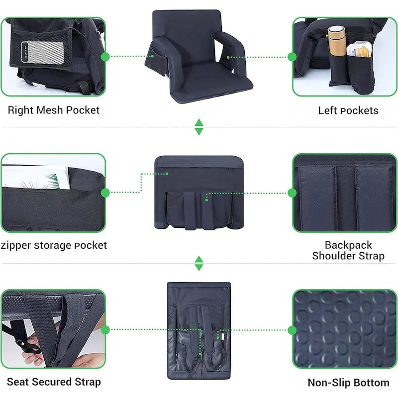 Sièges de stade, 5 positions inclinables, gradins avec accoudoirs rembourrés, poches latérales et coussin épais imperméable