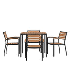 Table carrée 36 pouces en imitation teck avec structure en acier noir, trou pour parasol et 4 chaises club