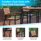 Table carrée 36 pouces en imitation teck avec structure en acier noir, trou pour parasol et 4 chaises club