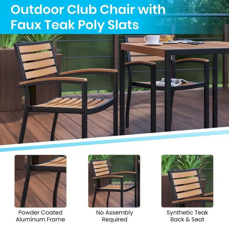Table carrée 36 pouces en imitation teck avec structure en acier noir, trou pour parasol et 4 chaises club