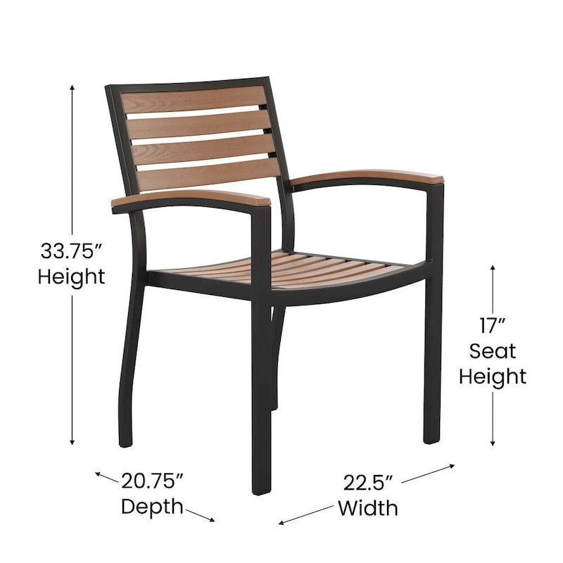 Table carrée 36 pouces en imitation teck avec structure en acier noir, trou pour parasol et 4 chaises club