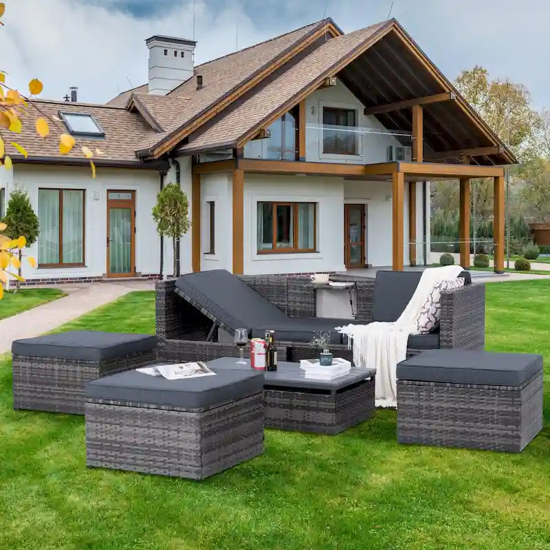 Mobilier de jardin, mobilier de saison en résine tressée, ensemble de 5 meubles en résine tressée, table basse relevable en contreplaqué avec canapé-lit
