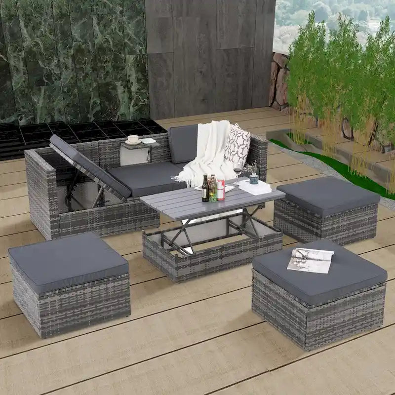 Mobilier de jardin, mobilier de saison en résine tressée, ensemble de 5 meubles en résine tressée, table basse relevable en contreplaqué avec canapé-lit