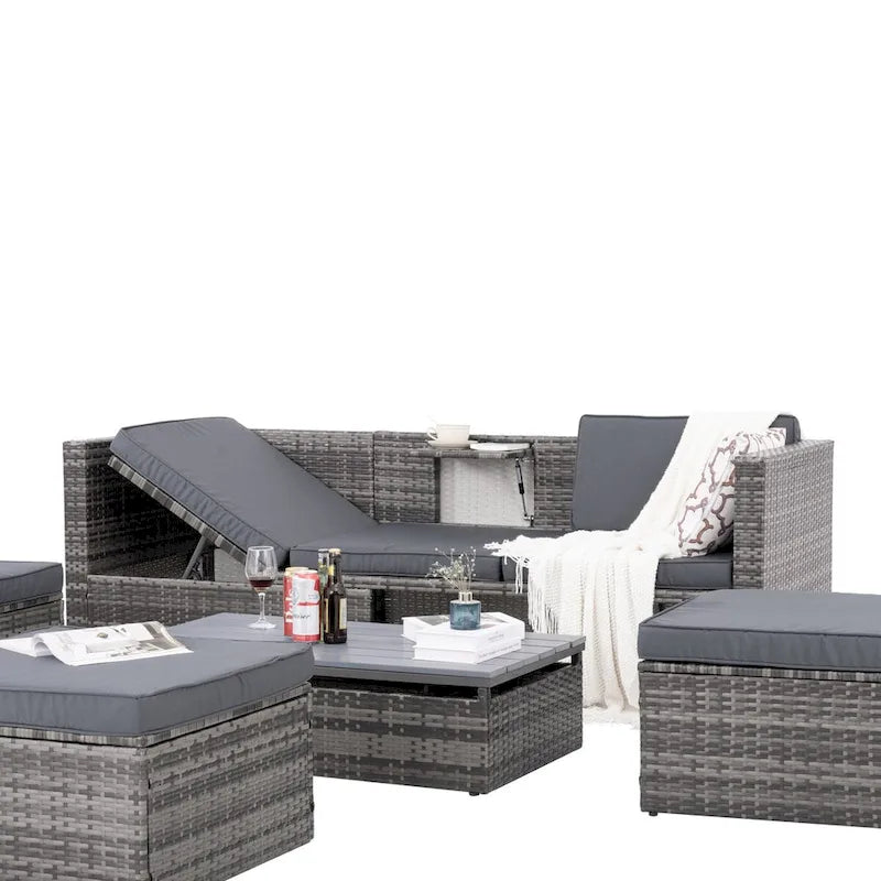 Mobilier de jardin, mobilier de saison en résine tressée, ensemble de 5 meubles en résine tressée, table basse relevable en contreplaqué avec canapé-lit