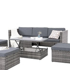 Mobilier de jardin, mobilier de saison en résine tressée, ensemble de 5 meubles en résine tressée, table basse relevable en contreplaqué avec canapé-lit