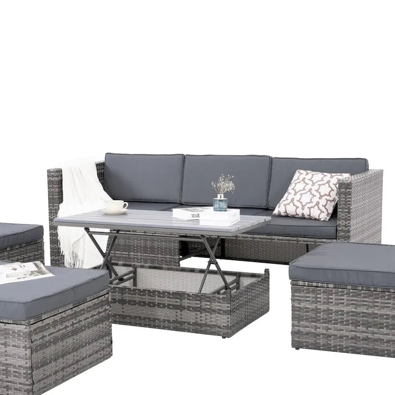 Mobilier de jardin, mobilier de saison en résine tressée, ensemble de 5 meubles en résine tressée, table basse relevable en contreplaqué avec canapé-lit