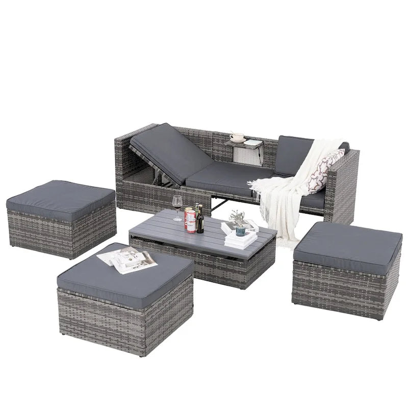 Mobilier de jardin, mobilier de saison en résine tressée, ensemble de 5 meubles en résine tressée, table basse relevable en contreplaqué avec canapé-lit