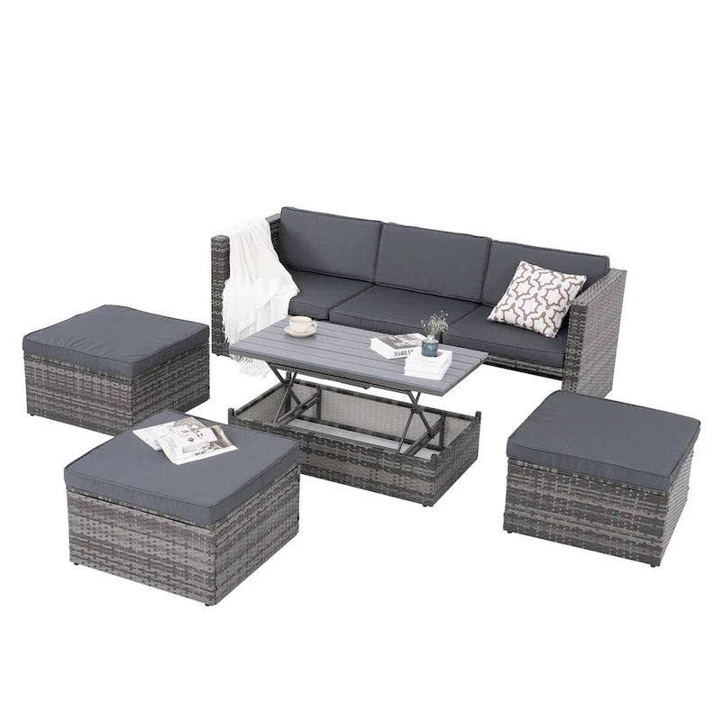Mobilier de jardin, mobilier de saison en résine tressée, ensemble de 5 meubles en résine tressée, table basse relevable en contreplaqué avec canapé-lit