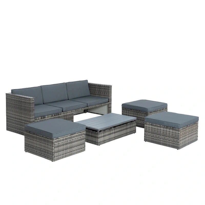 Mobilier de jardin, mobilier de saison en résine tressée, ensemble de 5 meubles en résine tressée, table basse relevable en contreplaqué avec canapé-lit