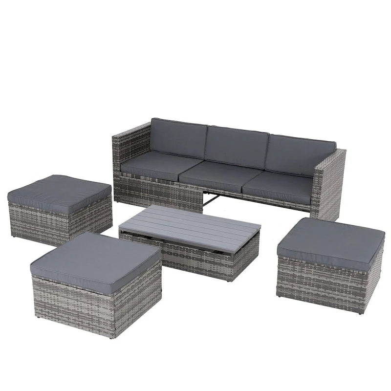 Mobilier de jardin, mobilier de saison en résine tressée, ensemble de 5 meubles en résine tressée, table basse relevable en contreplaqué avec canapé-lit