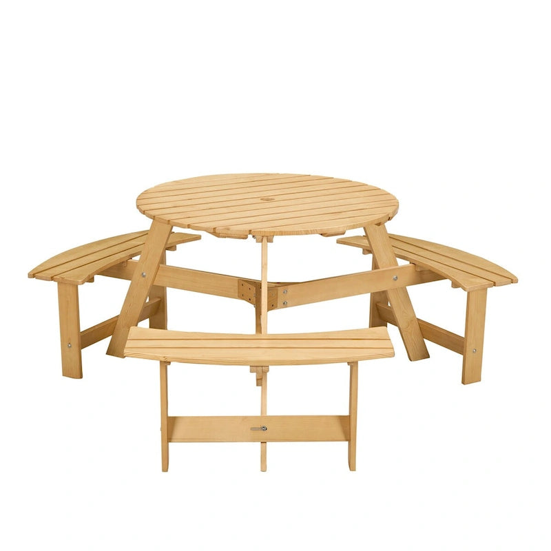 Table de pique-nique extérieure pour 6 personnes avec 3 bancs intégrés et trou pour parasol