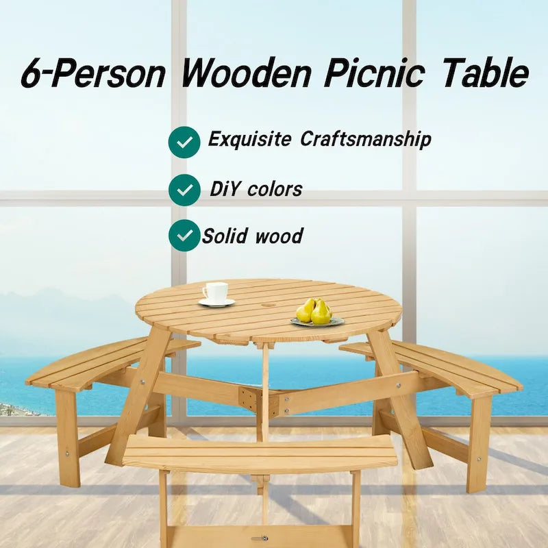 Table de pique-nique extérieure pour 6 personnes avec 3 bancs intégrés et trou pour parasol
