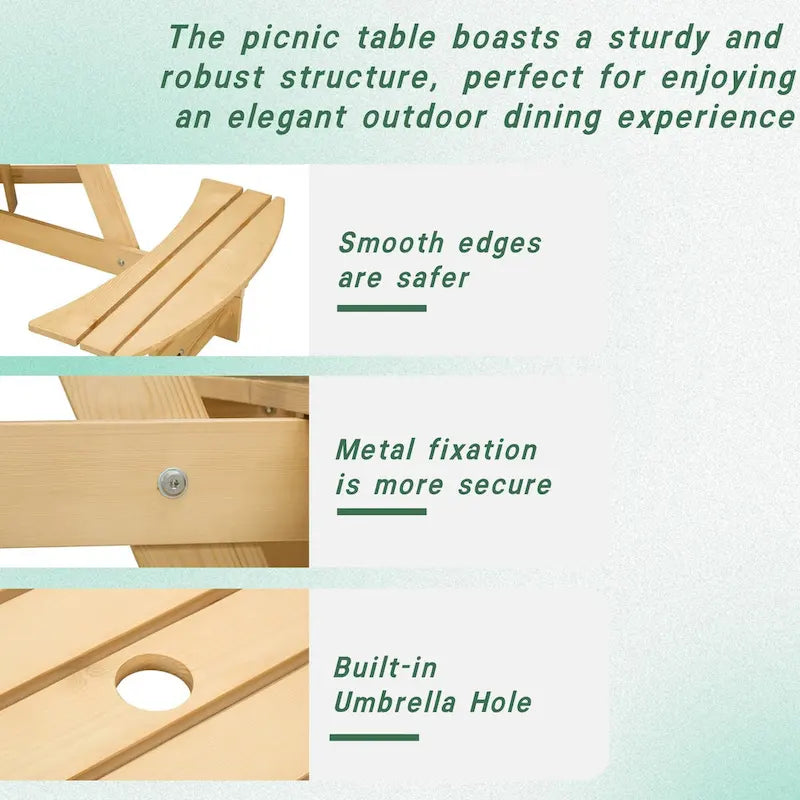 Table de pique-nique extérieure pour 6 personnes avec 3 bancs intégrés et trou pour parasol