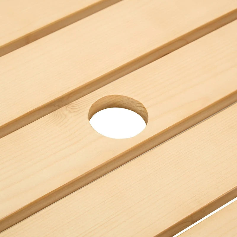 Table de pique-nique extérieure pour 6 personnes avec 3 bancs intégrés et trou pour parasol