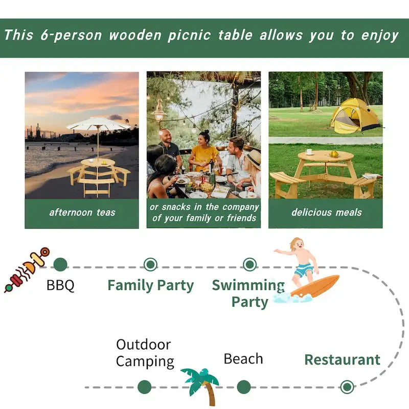 Table de pique-nique extérieure pour 6 personnes avec 3 bancs intégrés et trou pour parasol