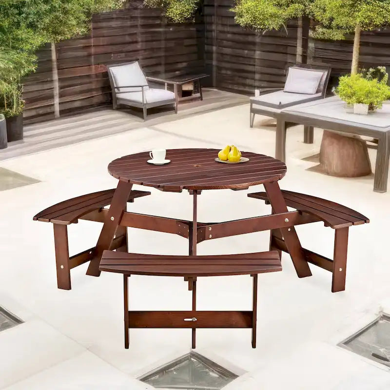 Table de pique-nique extérieure pour 6 personnes avec 3 bancs intégrés et trou pour parasol
