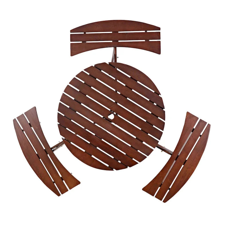 Table de pique-nique extérieure pour 6 personnes avec 3 bancs intégrés et trou pour parasol