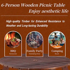 Table de pique-nique extérieure pour 6 personnes avec 3 bancs intégrés et trou pour parasol