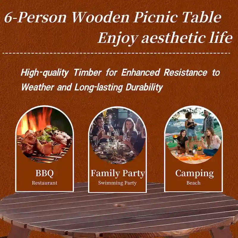 Table de pique-nique extérieure pour 6 personnes avec 3 bancs intégrés et trou pour parasol