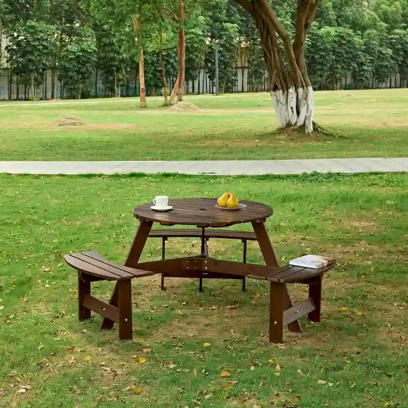 Table de pique-nique extérieure pour 6 personnes avec 3 bancs intégrés et trou pour parasol