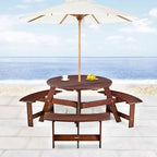Table de pique-nique extérieure pour 6 personnes avec 3 bancs intégrés et trou pour parasol