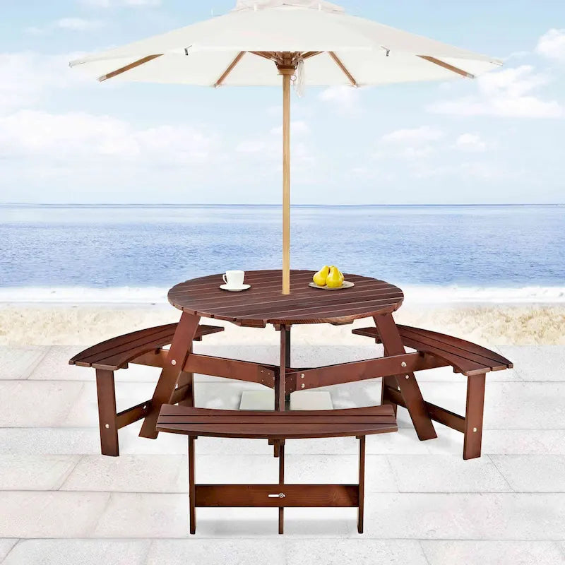 Table de pique-nique extérieure pour 6 personnes avec 3 bancs intégrés et trou pour parasol