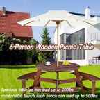 Table de pique-nique extérieure pour 6 personnes avec 3 bancs intégrés et trou pour parasol