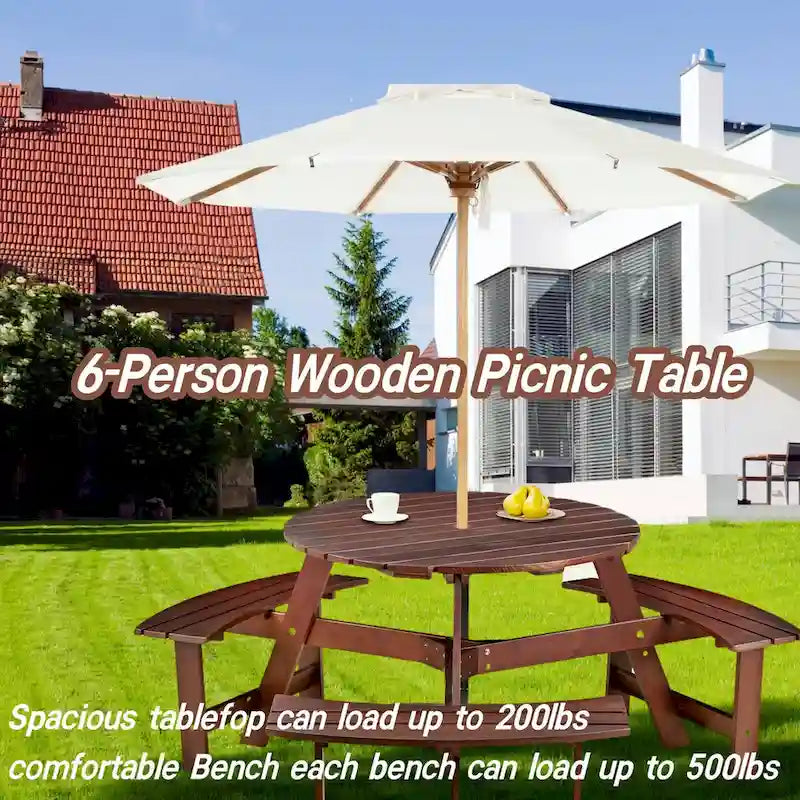 Table de pique-nique extérieure pour 6 personnes avec 3 bancs intégrés et trou pour parasol