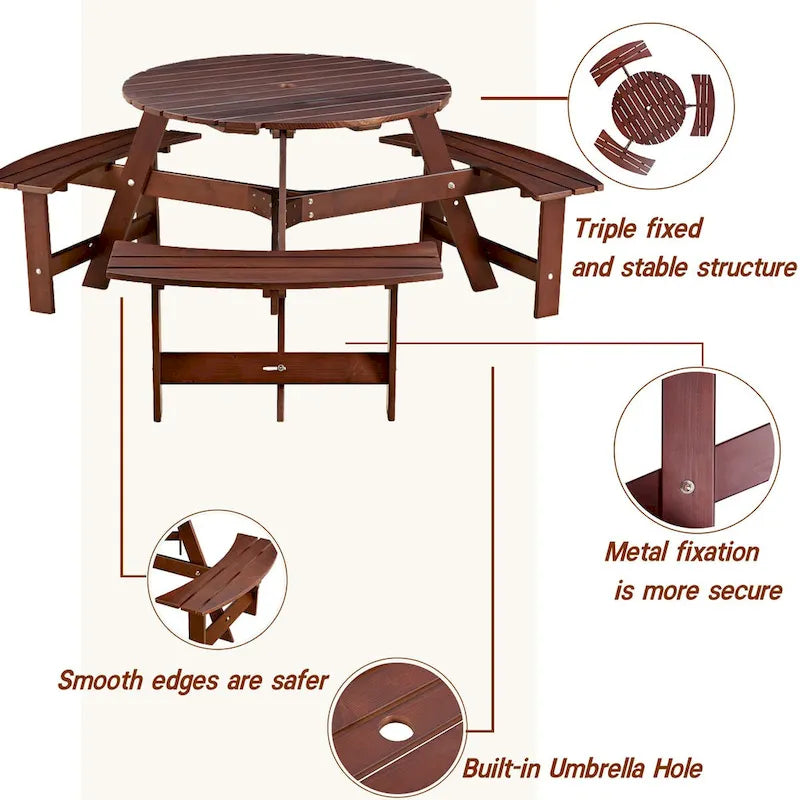 Table de pique-nique extérieure pour 6 personnes avec 3 bancs intégrés et trou pour parasol