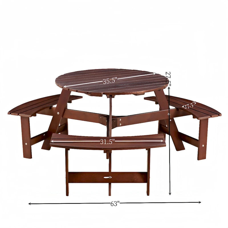 Table de pique-nique extérieure pour 6 personnes avec 3 bancs intégrés et trou pour parasol