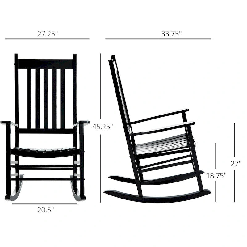 Fauteuil à bascule d'extérieur en bois à dossier haut et accoudoirs lisses