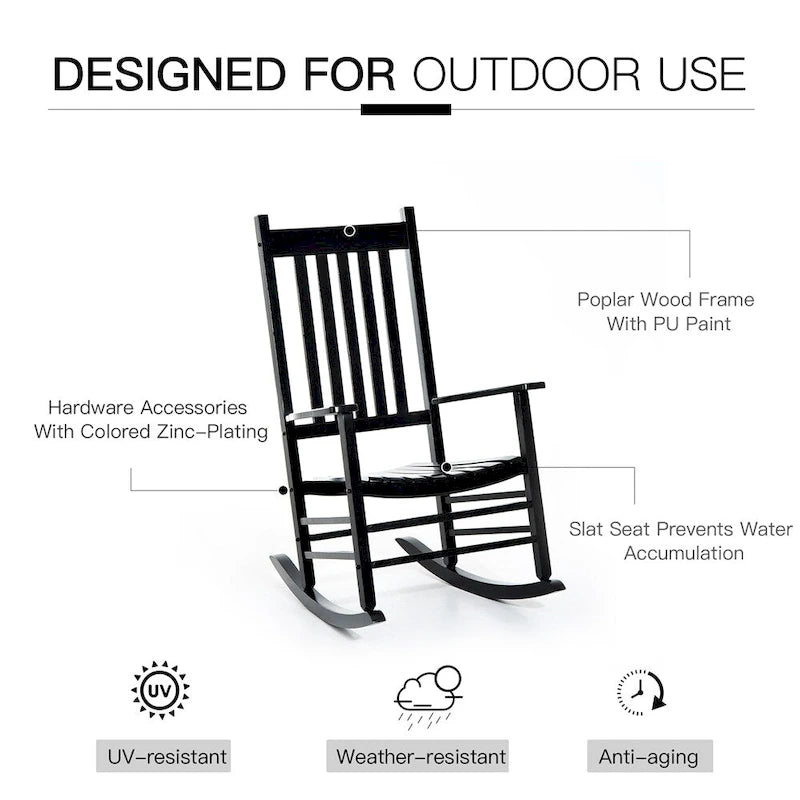 Fauteuil à bascule d'extérieur en bois à dossier haut et accoudoirs lisses