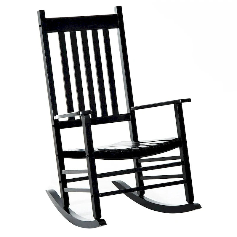 Fauteuil à bascule d'extérieur en bois à dossier haut et accoudoirs lisses