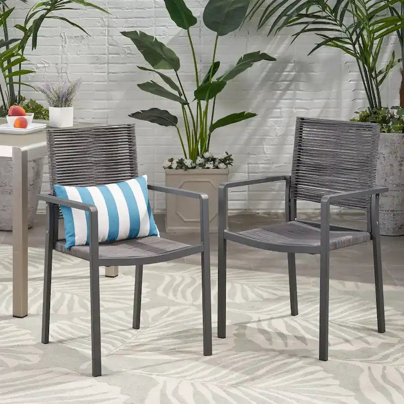 Chaises de salle à manger d'extérieur modernes en aluminium avec assise en corde (lot de 2), grises et gris foncé