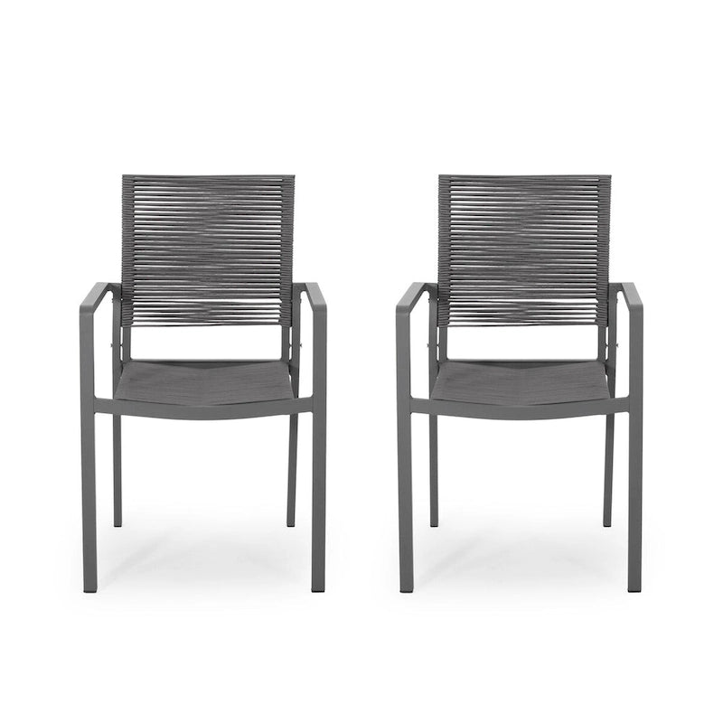 Chaises de salle à manger d'extérieur modernes en aluminium avec assise en corde (lot de 2), grises et gris foncé