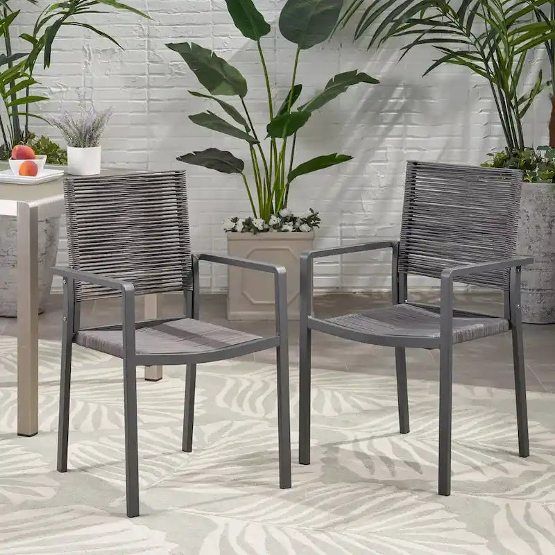 Chaises de salle à manger d'extérieur modernes en aluminium avec assise en corde (lot de 2), grises et gris foncé