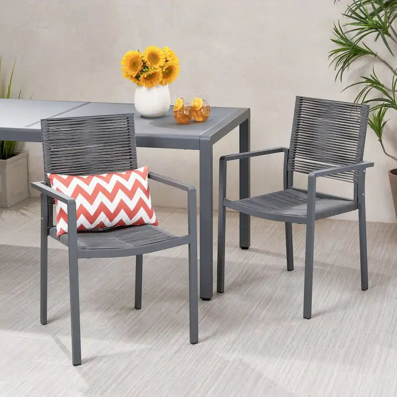 Chaises de salle à manger d'extérieur modernes en aluminium avec assise en corde (lot de 2), grises et gris foncé