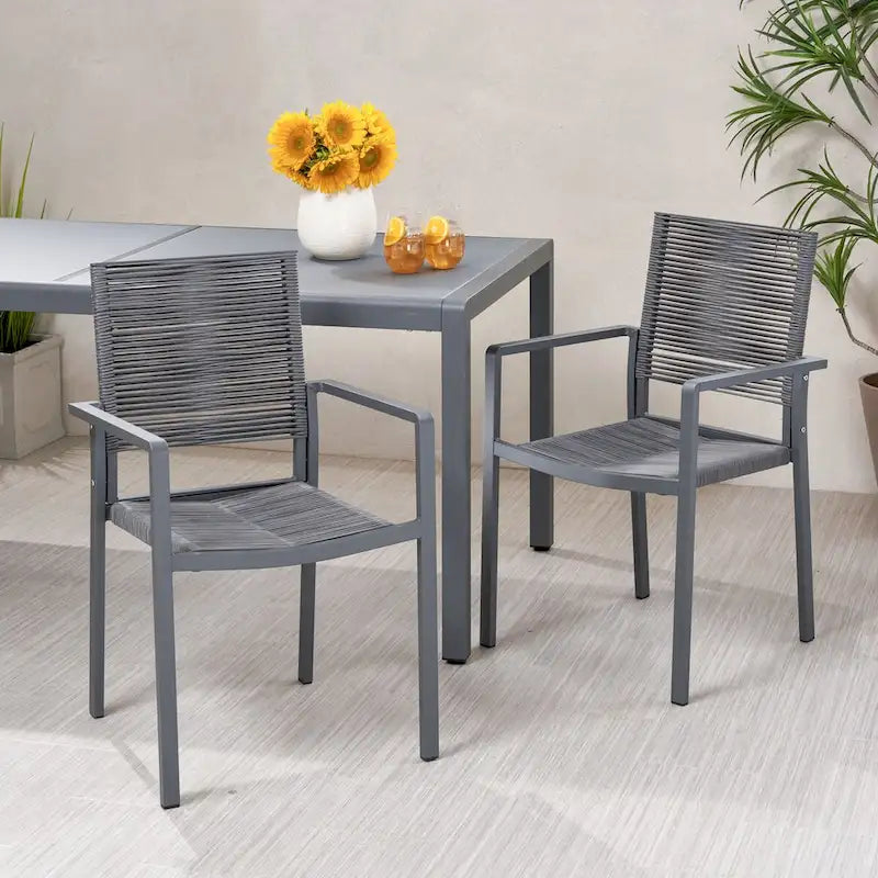 Chaises de salle à manger d'extérieur modernes en aluminium avec assise en corde (lot de 2), grises et gris foncé