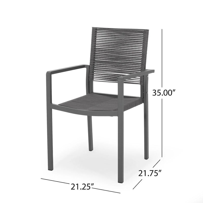 Chaises de salle à manger d'extérieur modernes en aluminium avec assise en corde (lot de 2), grises et gris foncé