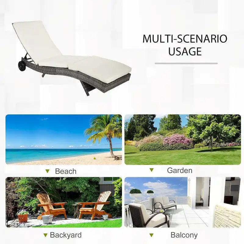 Chaise longue de piscine en osier, transat de terrasse rembourré avec dossier réglable sur 5 niveaux et roulettes pour faciliter le déplacement