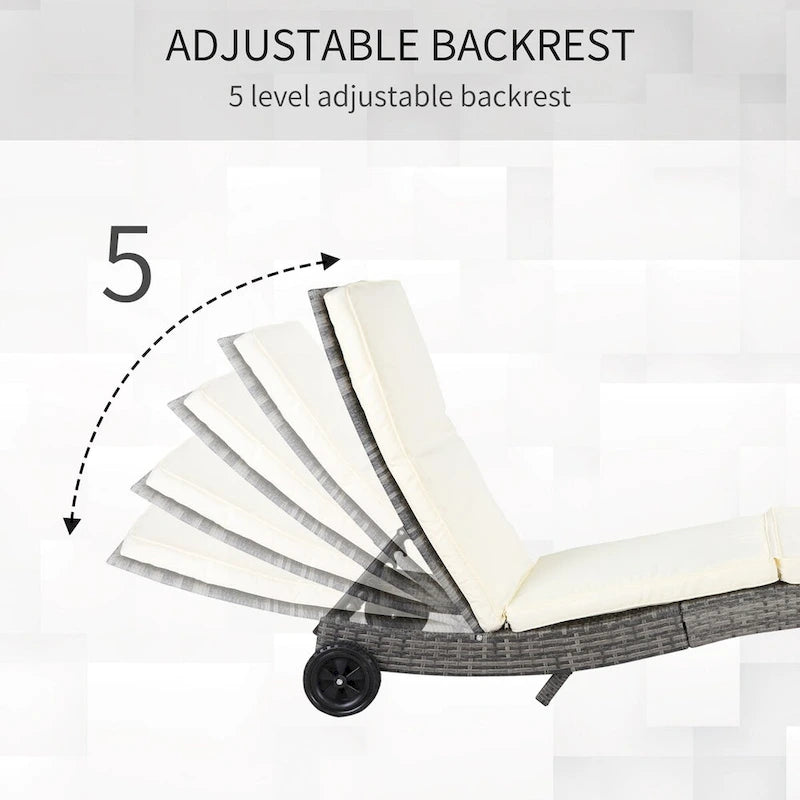 Chaise longue de piscine en osier, transat de terrasse rembourré avec dossier réglable sur 5 niveaux et roulettes pour faciliter le déplacement